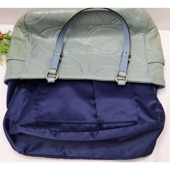 Coach Blue Patent Leather Signature C Embossed Double Handles Pockets Tote Bag - Picture 14 of 16